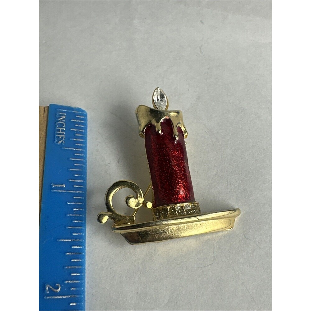 Vtg Candle stick holder CLEAR RHINESTONE RED ENAMEL Brooch Pin gold tone metal